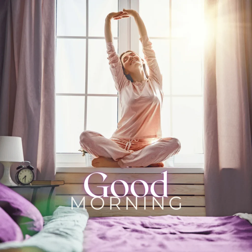 Pink color night suit wearing Girl Stretching in the morning.png 2