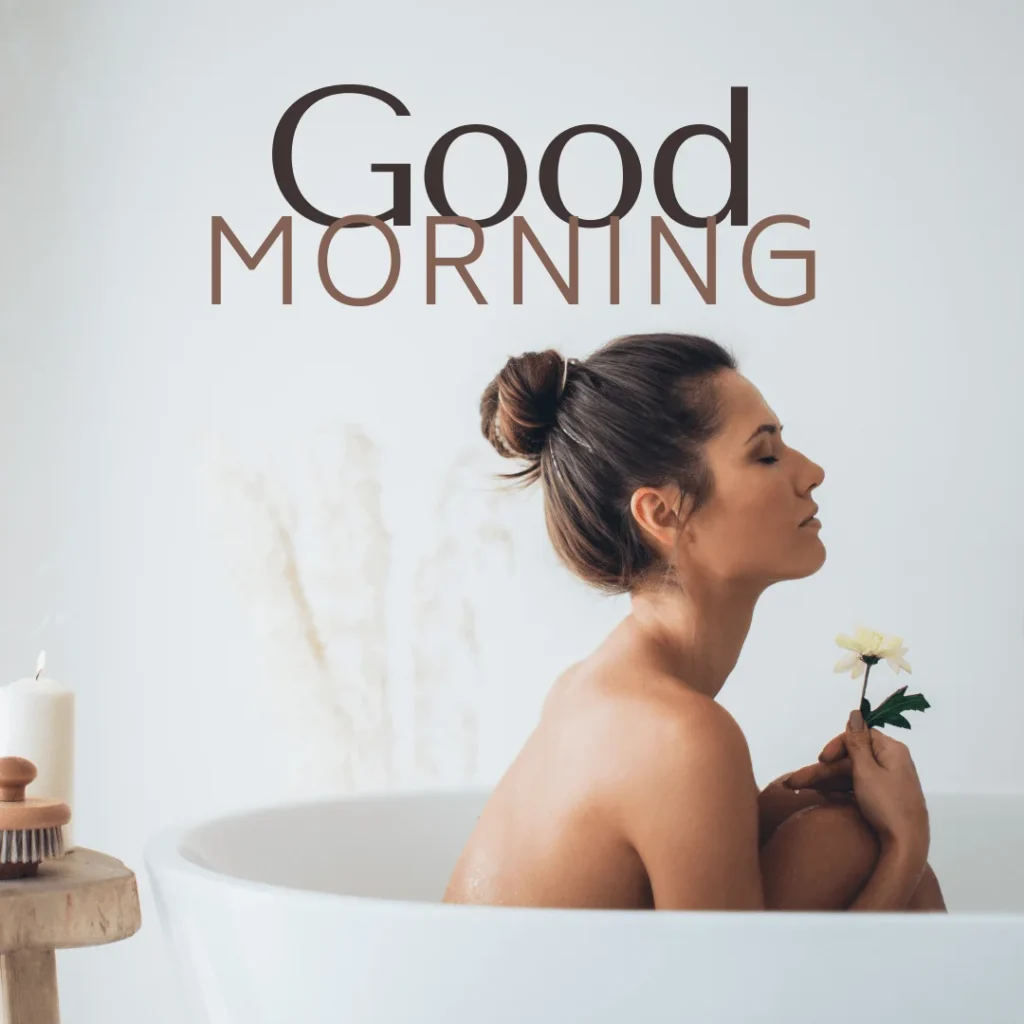 A girl sitting idle in the bath tub holding a flower in her hand in the morning.png