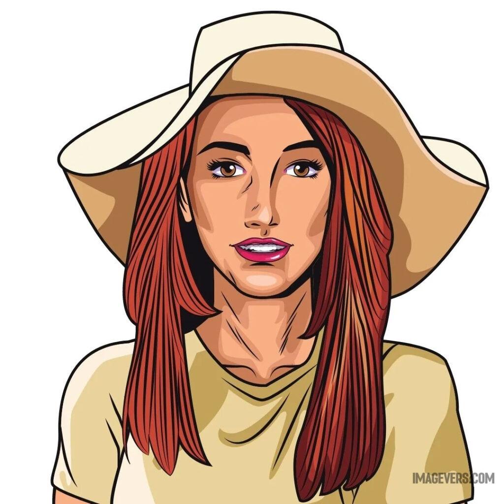 A girl with coral red hair a girl wearing Ivory colored dress and sand yellow hat is looking in front 2 A-girl-with-coral-red-hair-a-girl-wearing-Ivory-colored-dress-and-sand-yellow-hat-is-looking-in-front-2