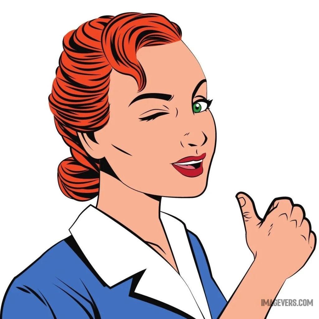 A girl with orange red hair in a blue and white coat is making a thumbs up gesture with her eyes