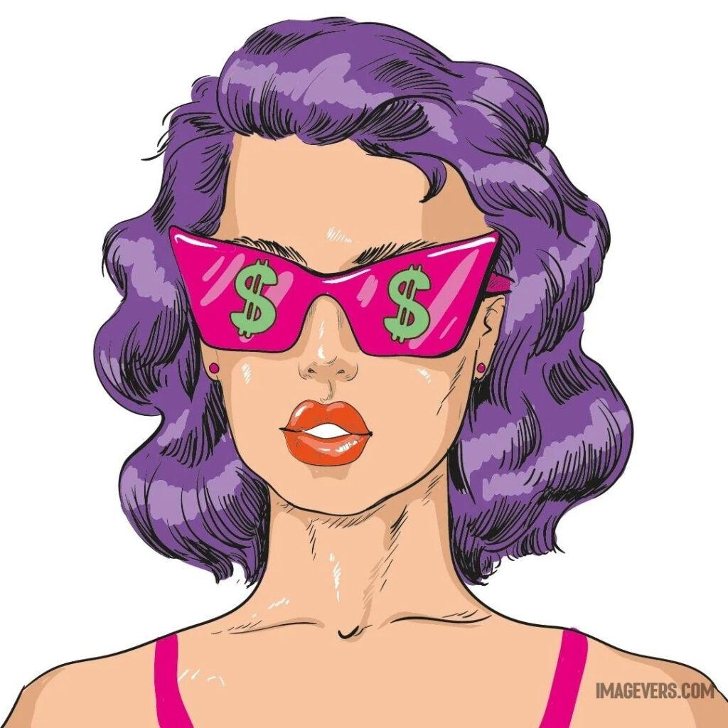 A girl with purple hair is wearing pink glasses and dollars are visible on the glasses A-girl-with-purple-hair-is-wearing-pink-glasses-and-dollars-are-visible-on-the-glasses