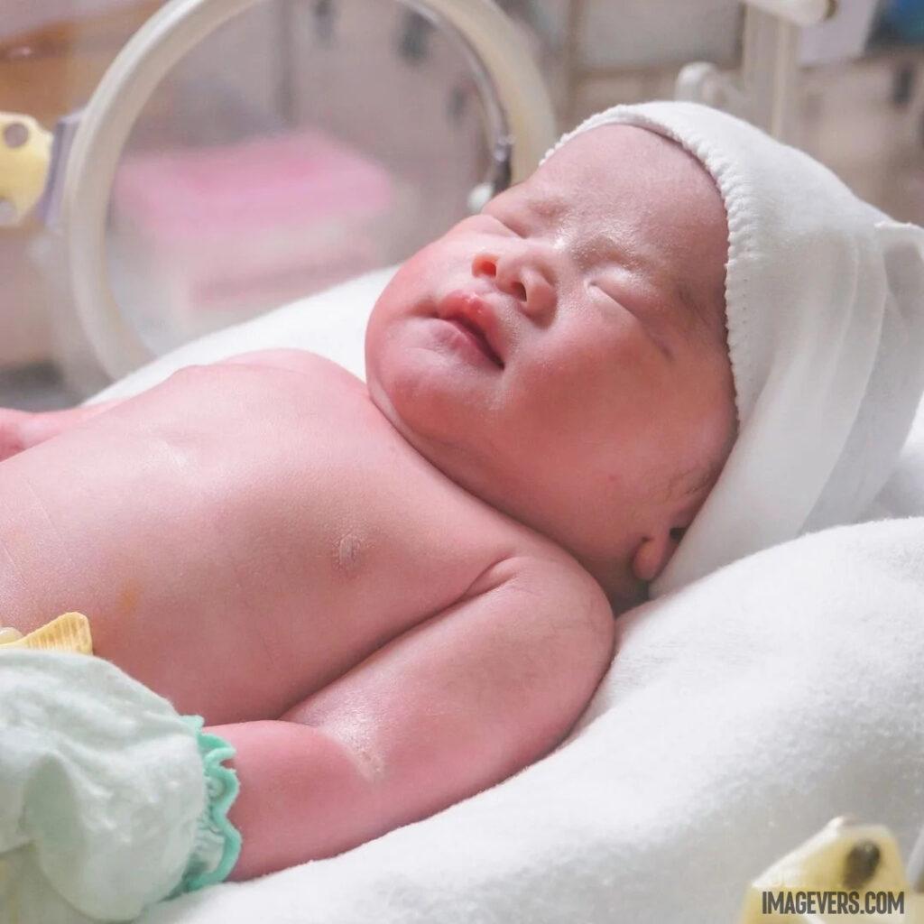 A newborn baby is sleeping on a white velvet bed in a hospital wearing a white woolen cap.jpg 4 11zon