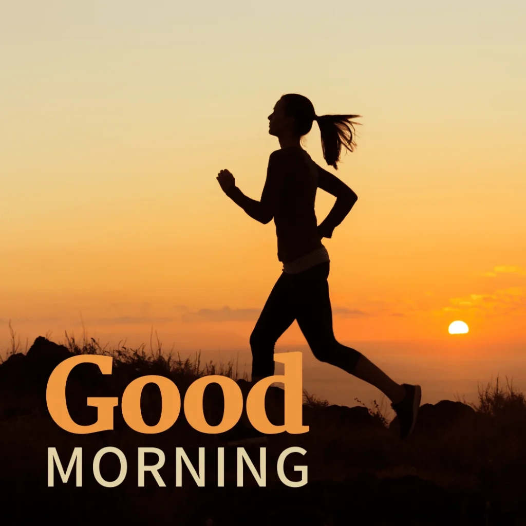 A slim girl jogging at full pace early in the morning at first sunrise rays.png