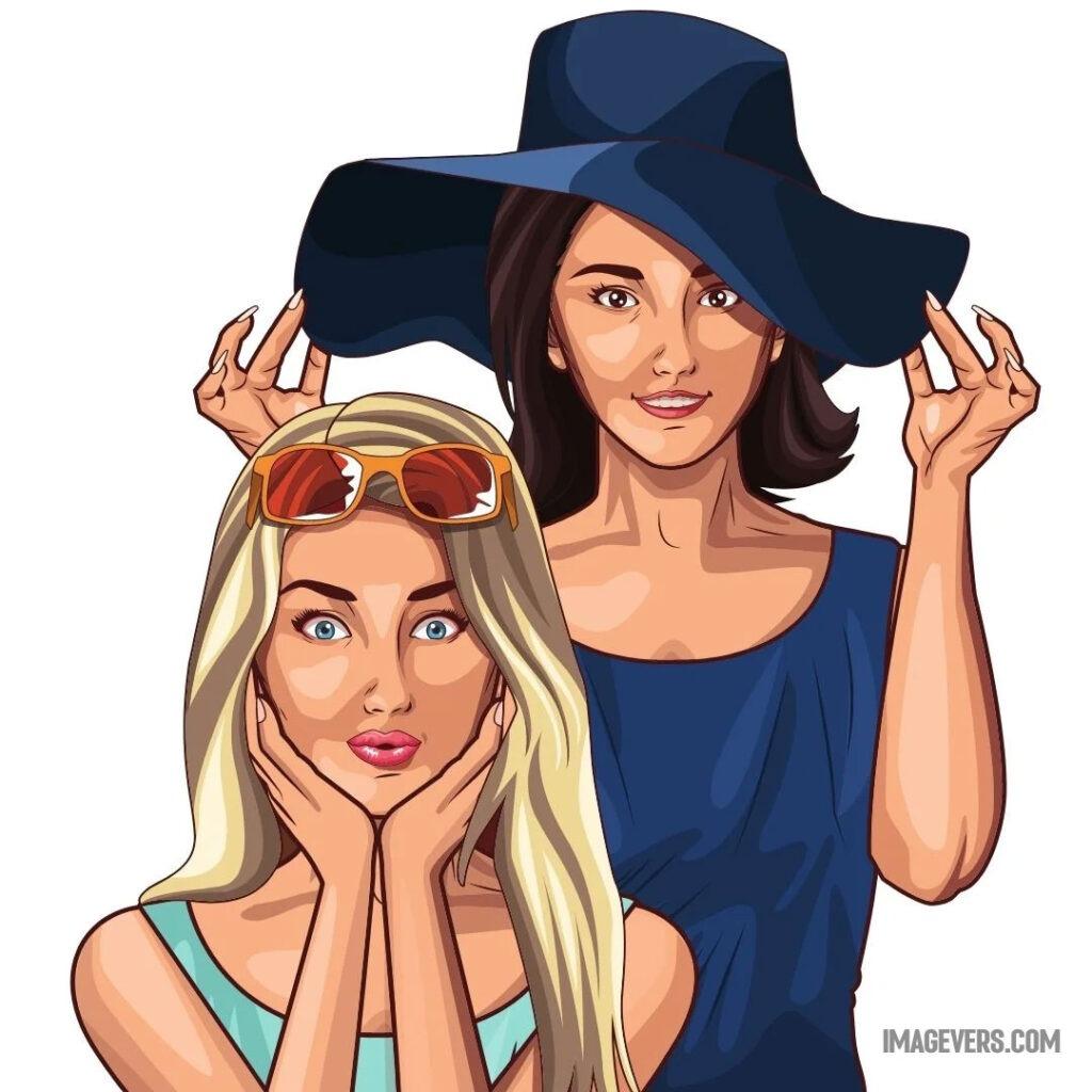 An image of a cartoonish girl smiling in a dark blue dress and hat and another girl in a light blue dress and hair with glasses looking puzzled An-image-of-a-cartoonish-girl-smiling-in-a-dark-blue-dress-and-hat-and-another-girl-in-a-light-blue-dress-and-hair-with-glasses-looking-puzzled