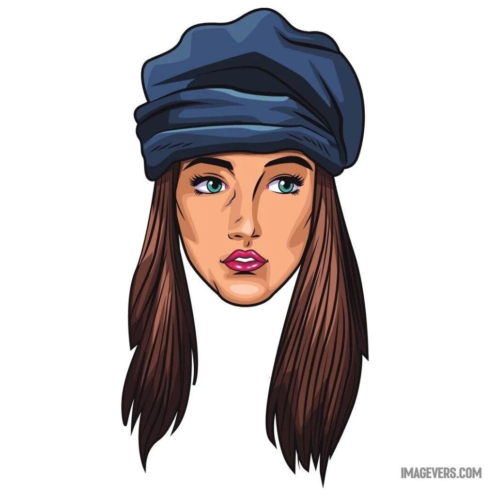 An image showing only the head of a cartoonish girl wearing a blue cap with two braids of hair An-image-showing-only-the-head-of-a-cartoonish-girl-wearing-a-blue-cap-with-two-braids-of-hair