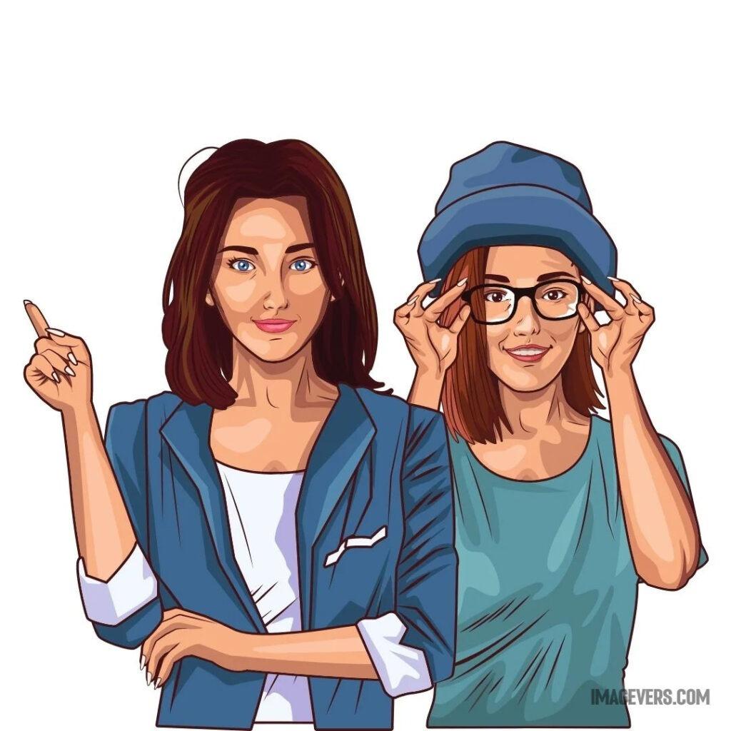 Two cartoonist girls with brown hair are in different looks and different types of blue clothes Two-cartoonist-girls-with-brown-hair-are-in-different-looks-and-different-types-of-blue-clothes