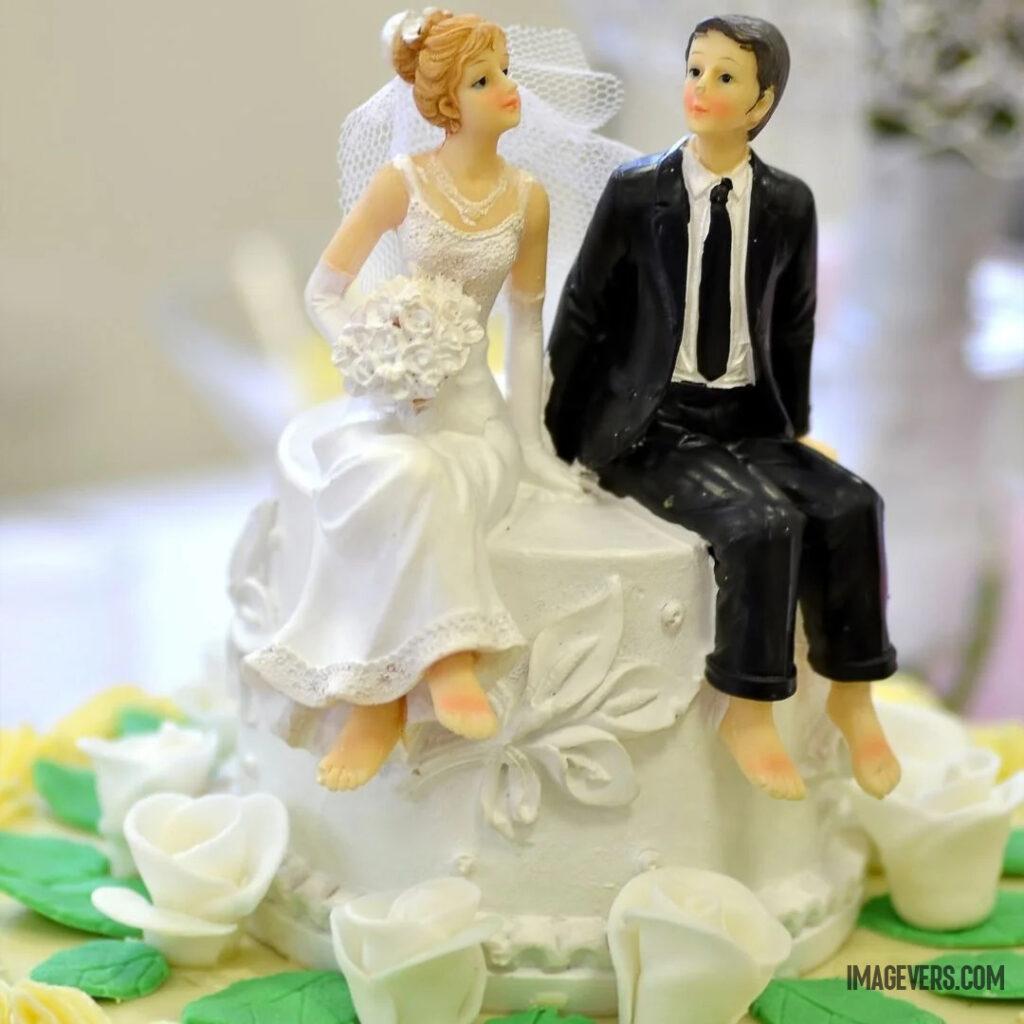 White frosting cream cake decorated for anniversary along with the sitting statue on the top of it.jpg