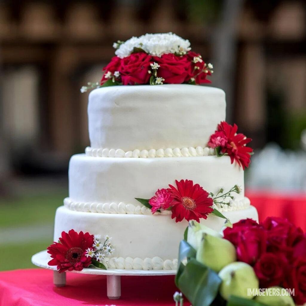 White layered cake decorated for anniversary with many colorful flowers and has placed on white stand.jpg