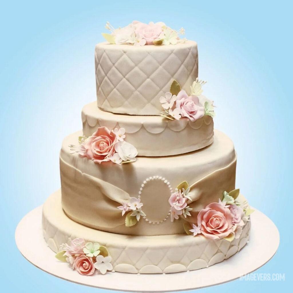 White layered cream cake decorated for anniversary along with the flowers and placed on white plate.jpg