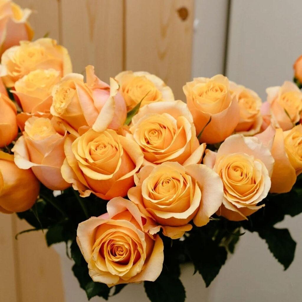 Yellow-roses-are-arranged-in-a-semi-circle-stand-out-against-the-wooden-backdrop