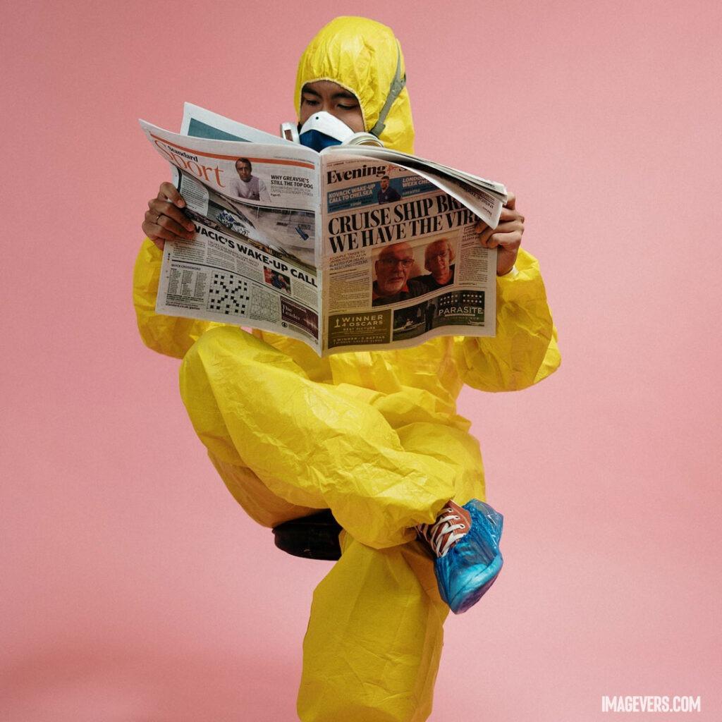 Man-In-Yellow-Protective-Suit-Holding-A-Newspaper